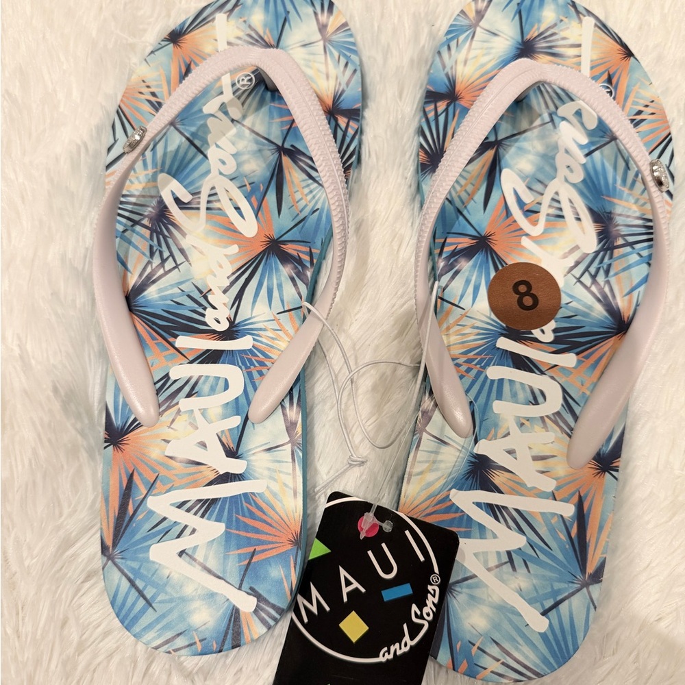 Maui and Sons Flip-Flops — Tropical Palm Print, Pink Straps — Size 8 — Brand New